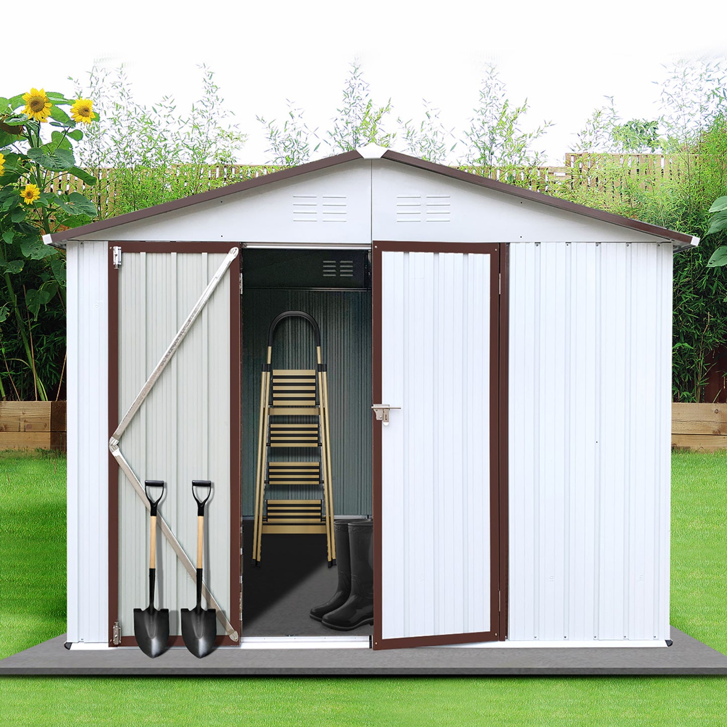 Lyromix Metal Outdoor Storage Shed with Door & Lock, Waterproof Garden Storage Tool Shed with Base Frame for Backyard Patio