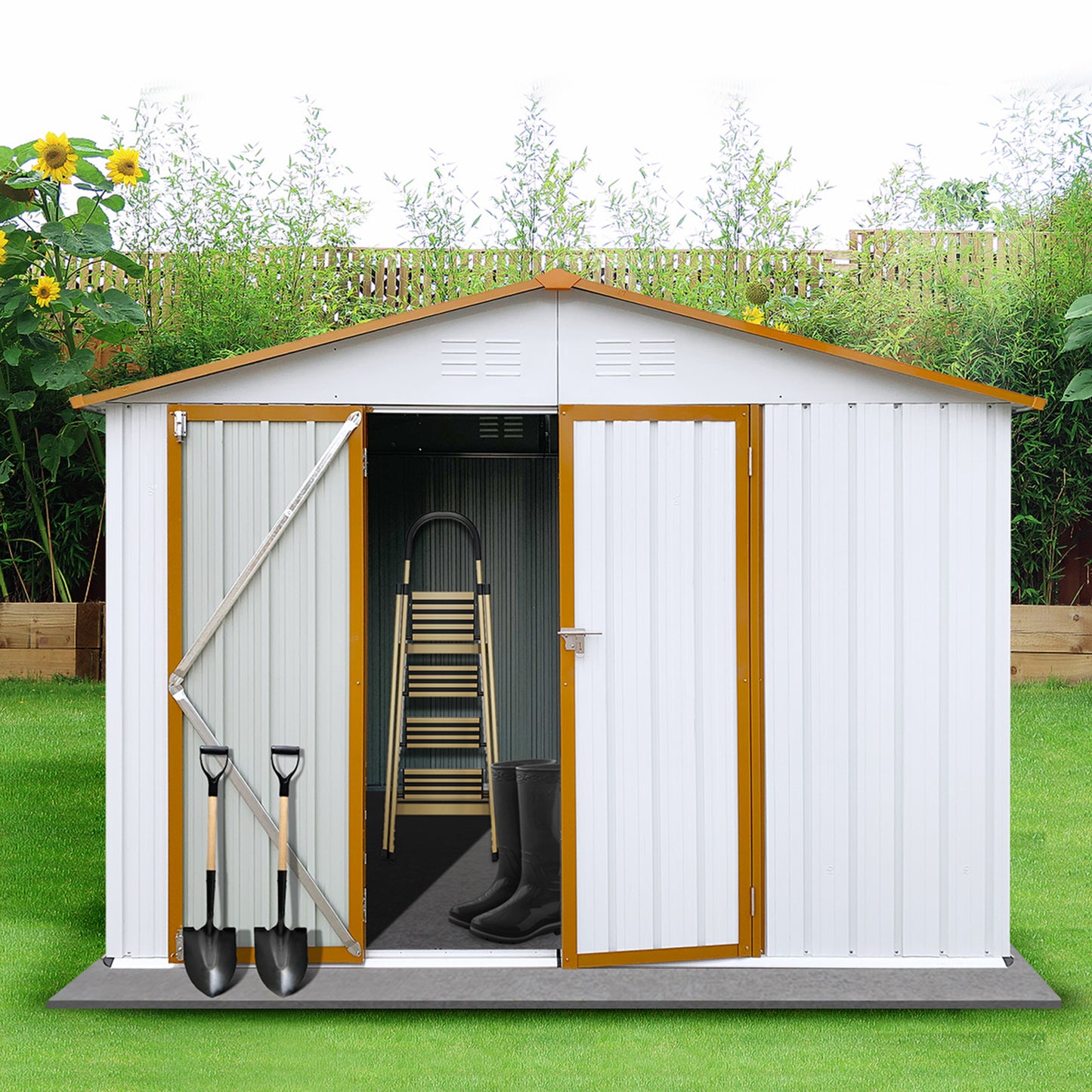 Lyromix Metal Outdoor Storage Shed with Door & Lock, Waterproof Garden Storage Tool Shed with Base Frame for Backyard Patio
