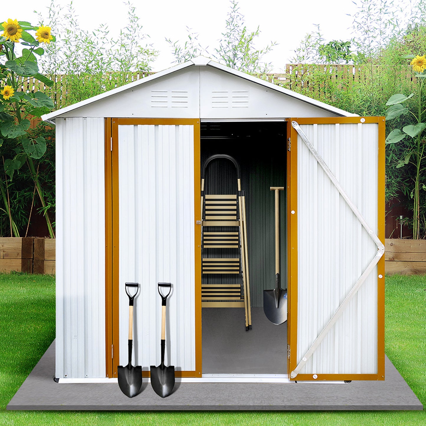 Lyromix Metal Outdoor Storage Shed with Door & Lock, Waterproof Garden Storage Tool Shed with Base Frame for Backyard Patio