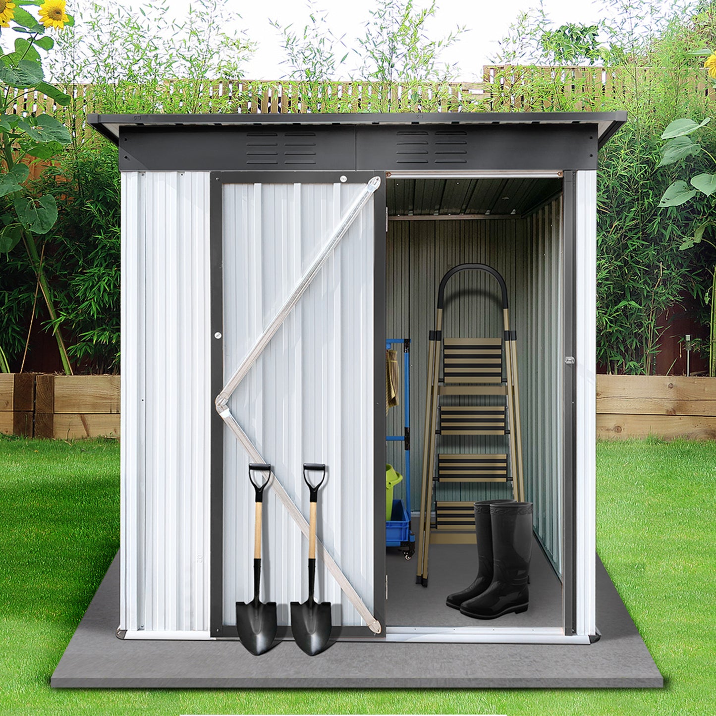 Lyromix Metal Outdoor Storage Shed with Door & Lock, Waterproof Garden Storage Tool Shed with Base Frame for Backyard Patio