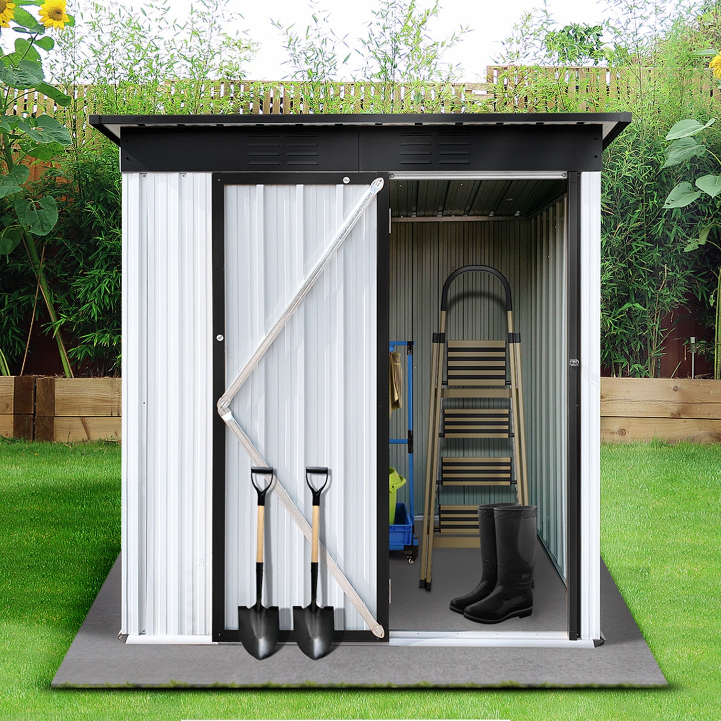 Lyromix Metal Outdoor Storage Shed with Door & Lock, Waterproof Garden Storage Tool Shed with Base Frame for Backyard Patio