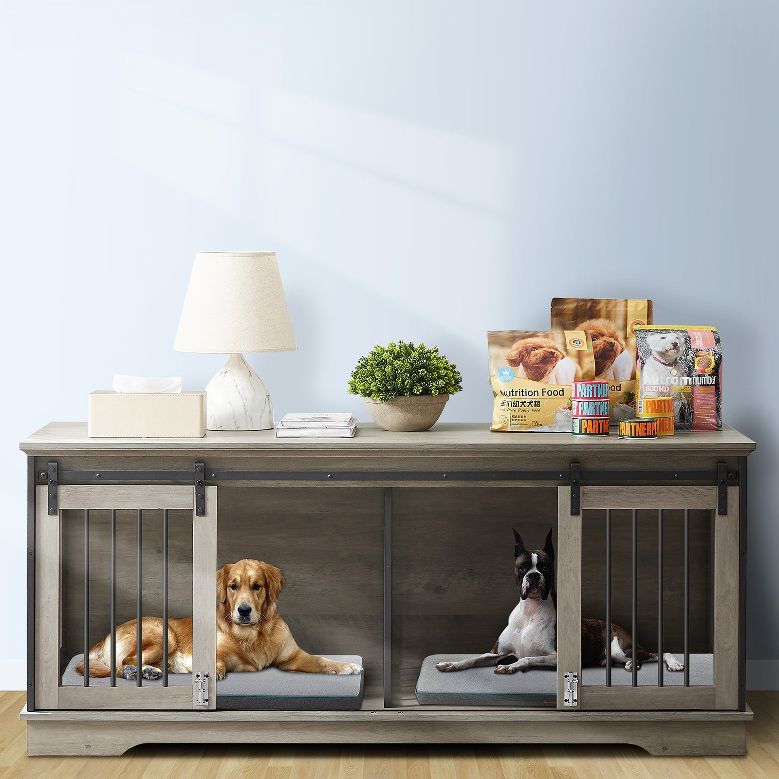 Lyromix Dog Crate Furniture Large Breed TV Stand with 2 Sliding Doors