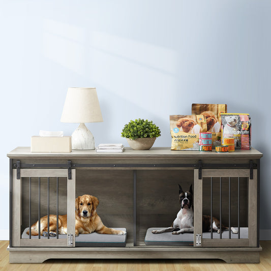 Lyromix Dog Crate Furniture Large Breed TV Stand with 2 Sliding Doors, Dog Kennels and Crates for Medium Large Dogs with Divider, Wood Dog Crate End Table, Grey, 62.2''W*22.8''D*27''H