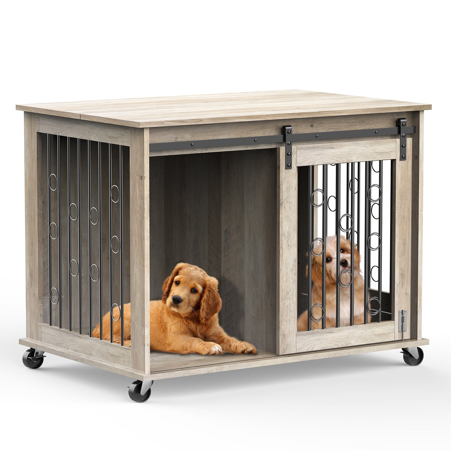Lyromix Dog Crate Furniture with Divider for 2 Small to Medium Pets, Wooden Cage End Table, Heavy Duty Indoor Puppy Kennel with Removable Divider and Sliding Door, Grey