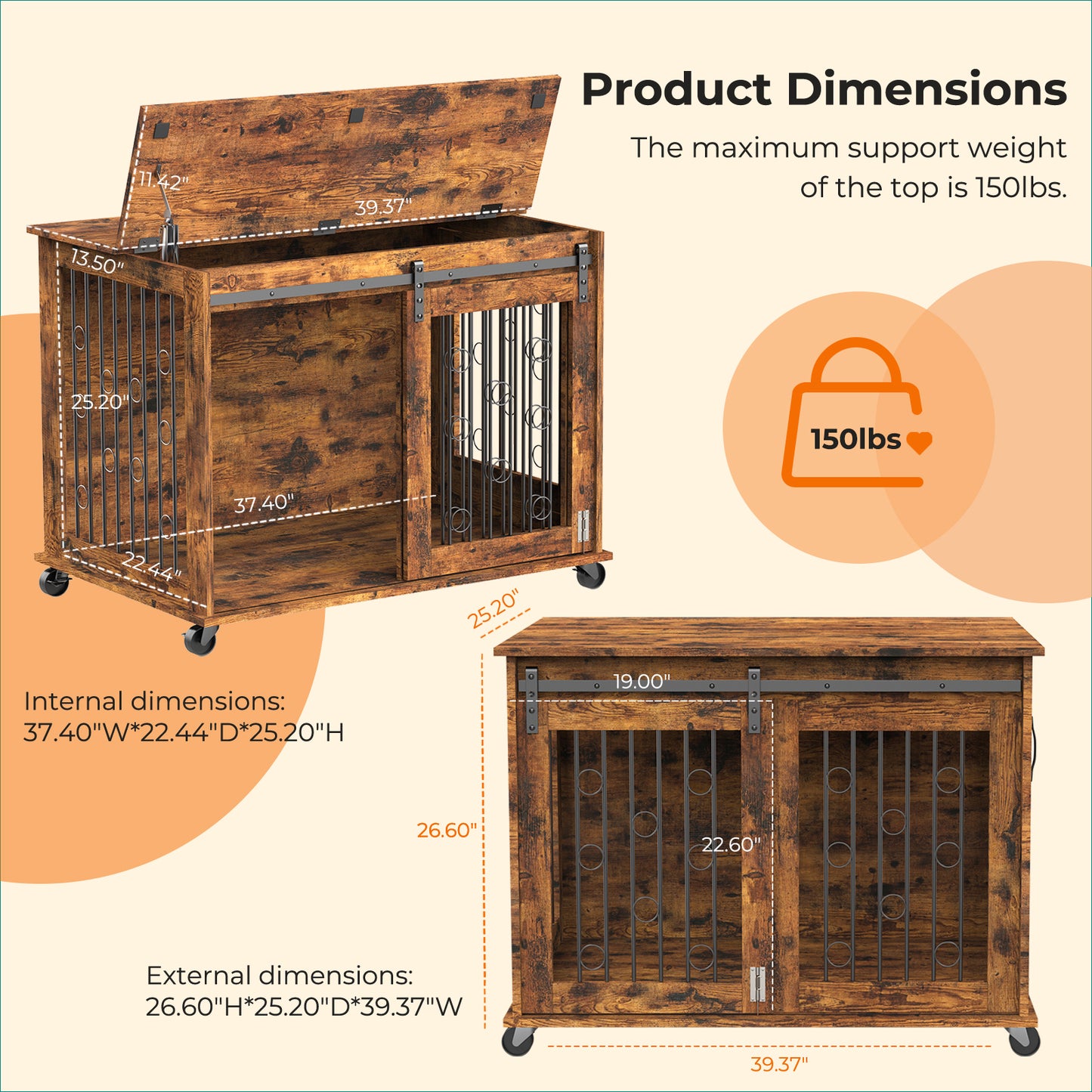 Lyromix Dog Crate Furniture with Divider for 2 Small to Medium Pets, Wooden Cage End Table, Heavy Duty Indoor Puppy Kennel with Removable Divider and Sliding Door, Grey