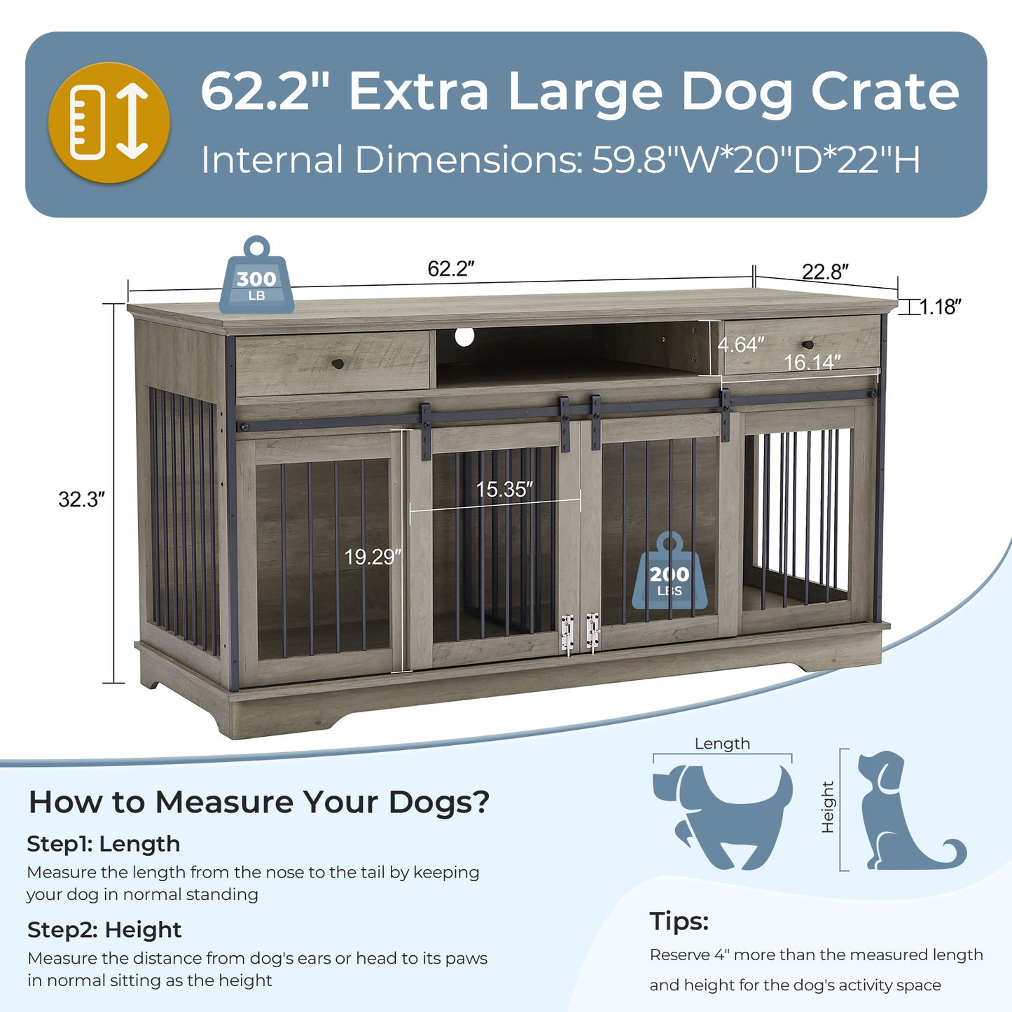 Lyromix Dog Crate Furniture Large Breed TV Stand with Drawer & 2 Sliding Doors, Dog Kennels and Crates for Medium Large Dogs with Divider, Wood Dog Crate End Table, Grey, 62.2''W*22.8''D*32.3''H