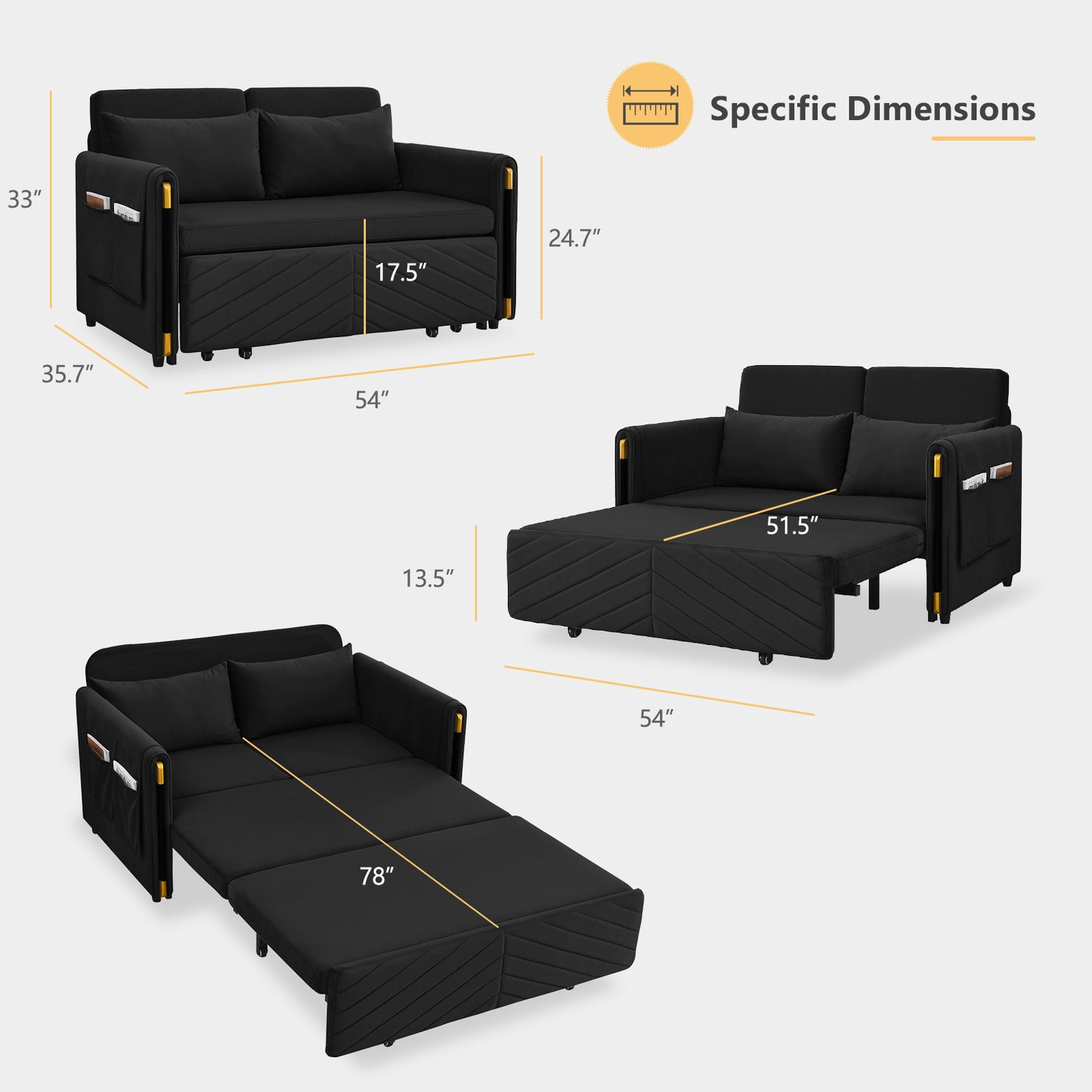 Lyromix 3 in 1 Sofa Bed for Living Room, Convertible Loveseat Sleeper Full Size, Velvet Pull Out Couch with 2 Pillows & Detachable Storage Bag