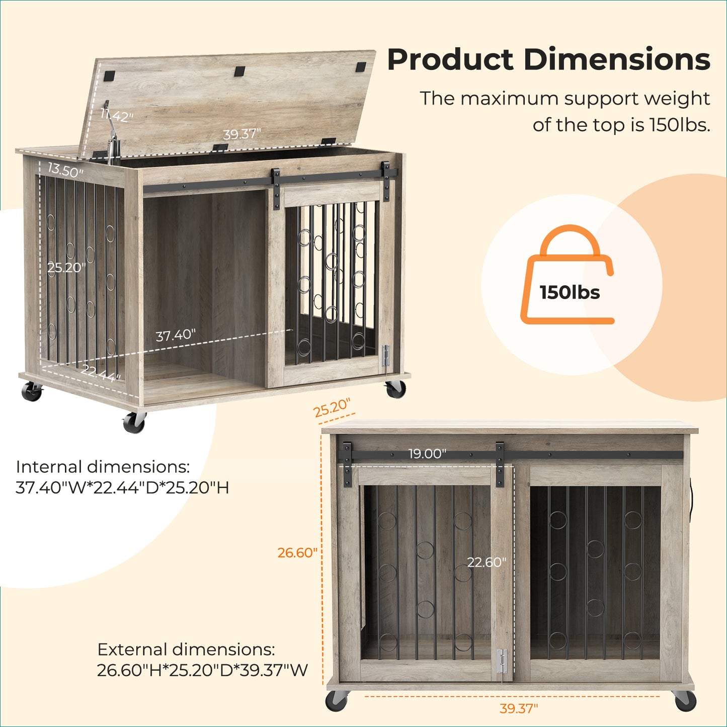 Lyromix Dog Crate Furniture with Divider for 2 Small to Medium Pets, Wooden Cage End Table, Heavy Duty Indoor Puppy Kennel with Removable Divider and Sliding Door, Grey