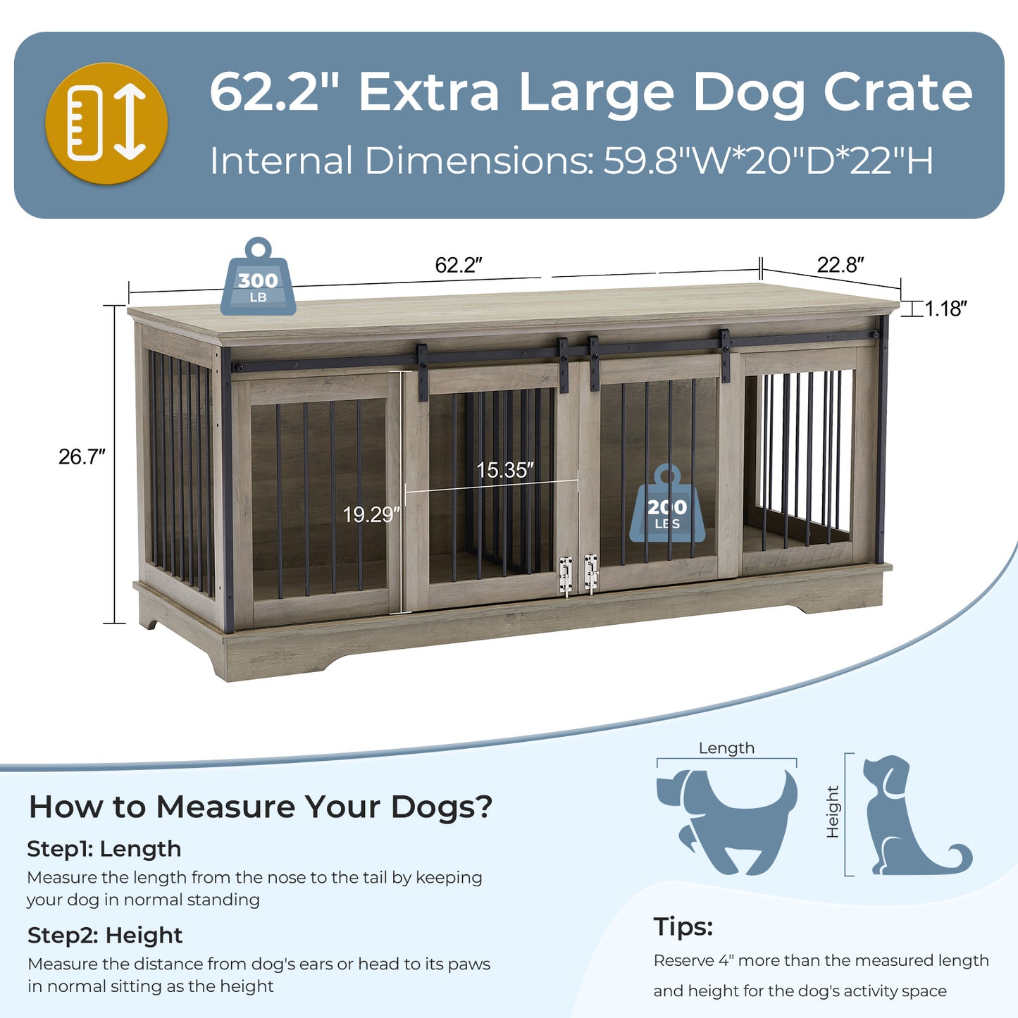 Lyromix Dog Crate Furniture Large Breed TV Stand with 2 Sliding Doors, Dog Kennels and Crates for Medium Large Dogs with Divider, Wood Dog Crate End Table, Grey, 62.2''W*22.8''D*27''H