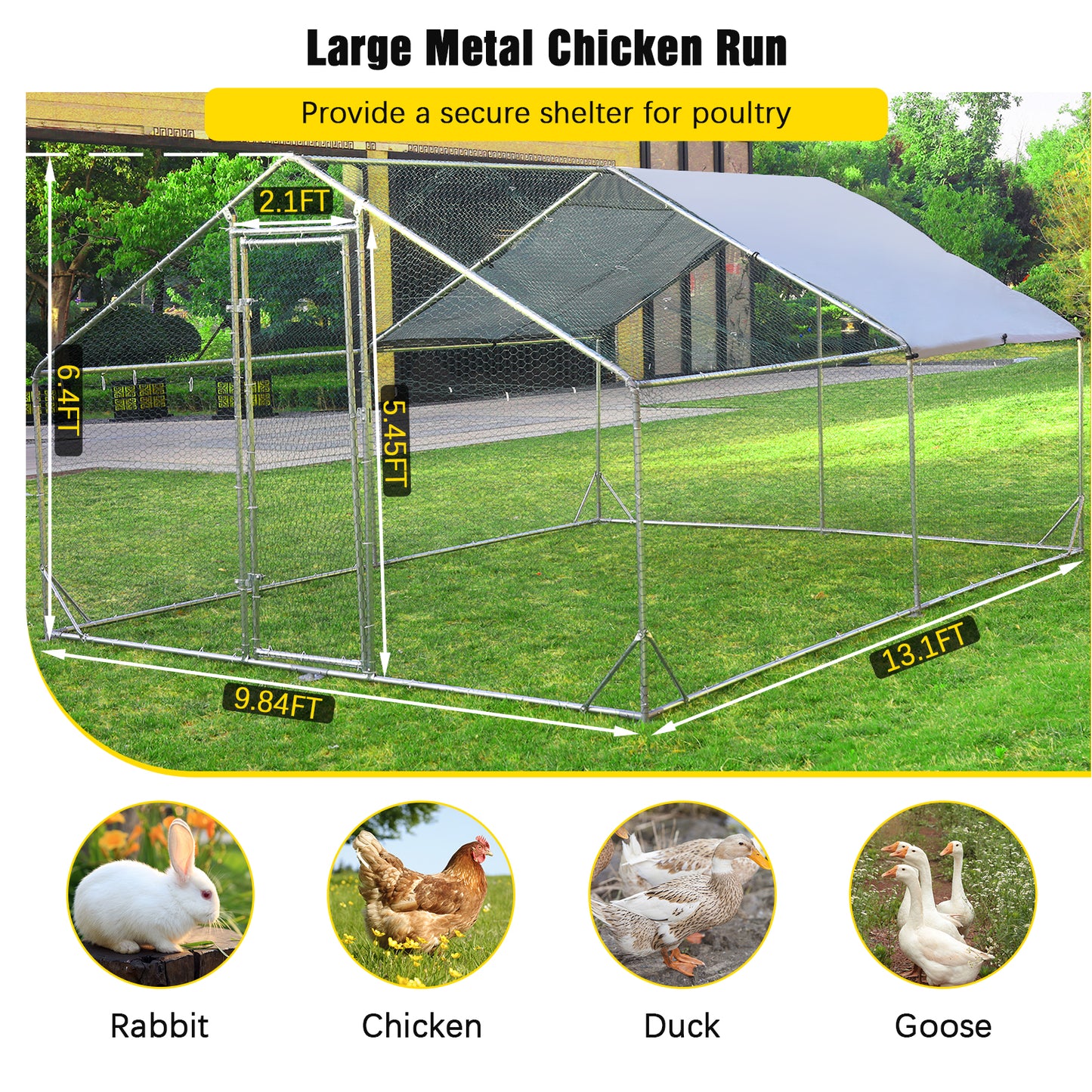 Lyromix Large Metal Chicken Coop Run, Walk-in Poultry Cage Chicken Runs House for Yard with Waterproof Cover, Ducks Rabbits Habitat Cage Spire Shaped Coop for Outdoor Farm Use