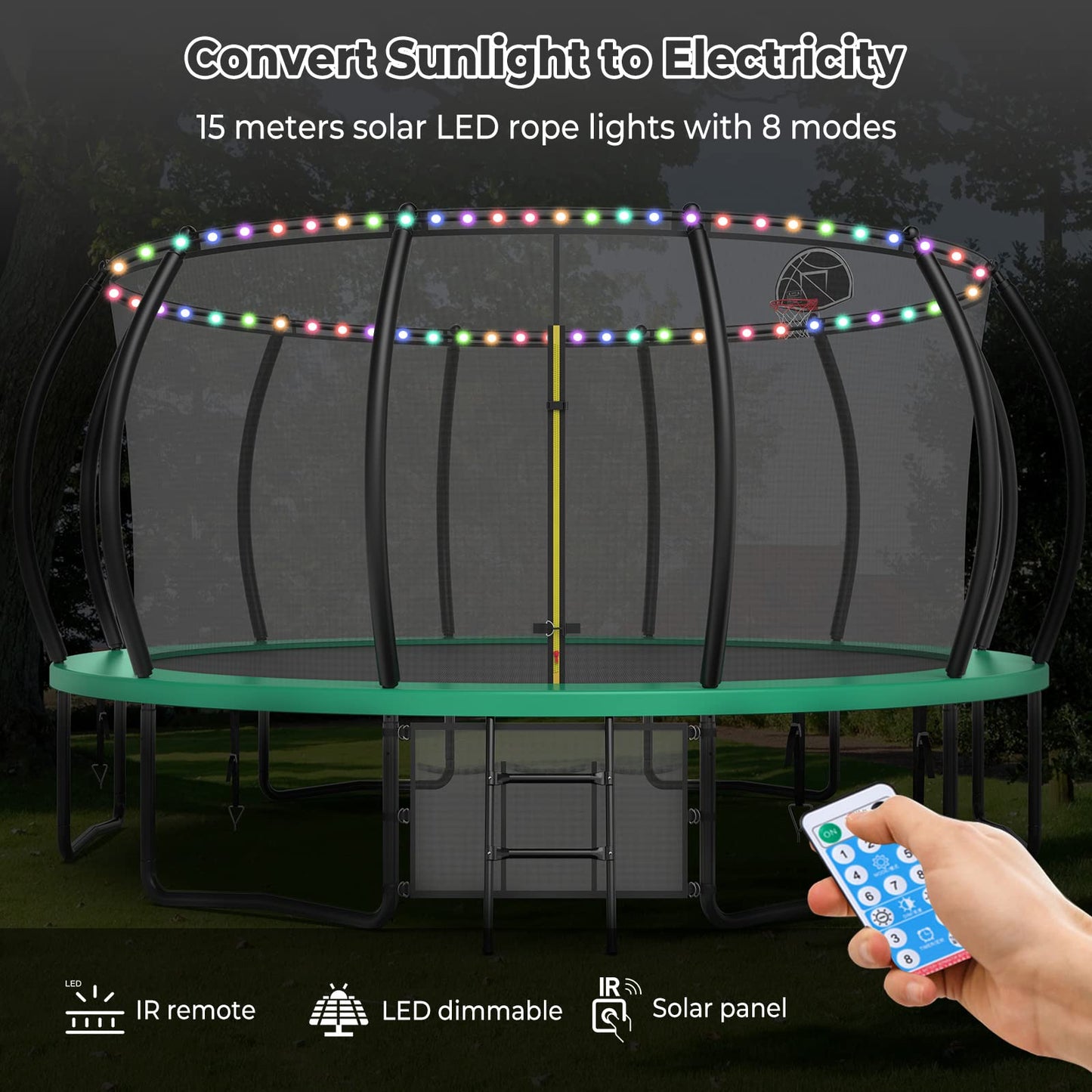 Lyromix 16FT Trampoline for Kids and Adults, Outdoor Trampolines with Curved Poles, Pumpkin Shaped Backyard Trampoline with Sprinkler, Stakes, Light, Basketball, Basketball Hoop and Storage Bag