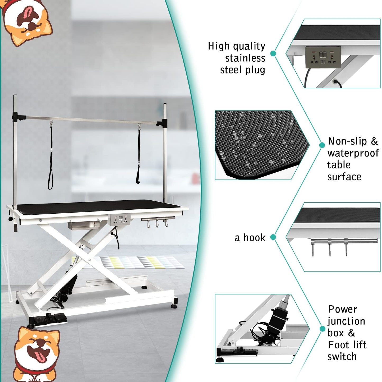 Lyromix Eletric Dog Grooming Table, Height Adjustable Large Pet Drying Desktop, Foldable Bathing Desk with Arms, Noose, Mesh Tray, Maximum Capacity Up to 330Lb, 50in, White
