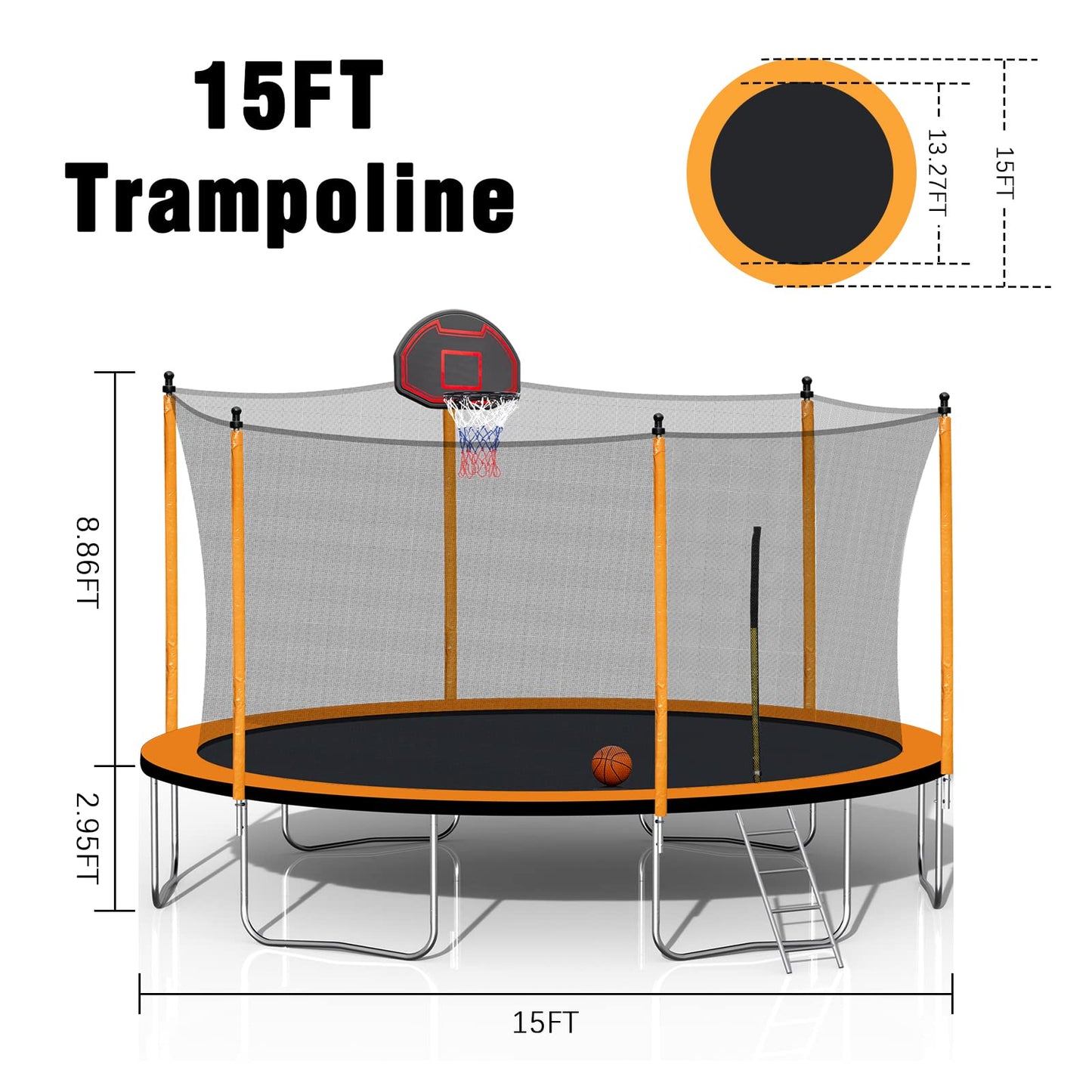 15FT Trampoline with Enclosure Net and Basketball Hoop and Ladder
