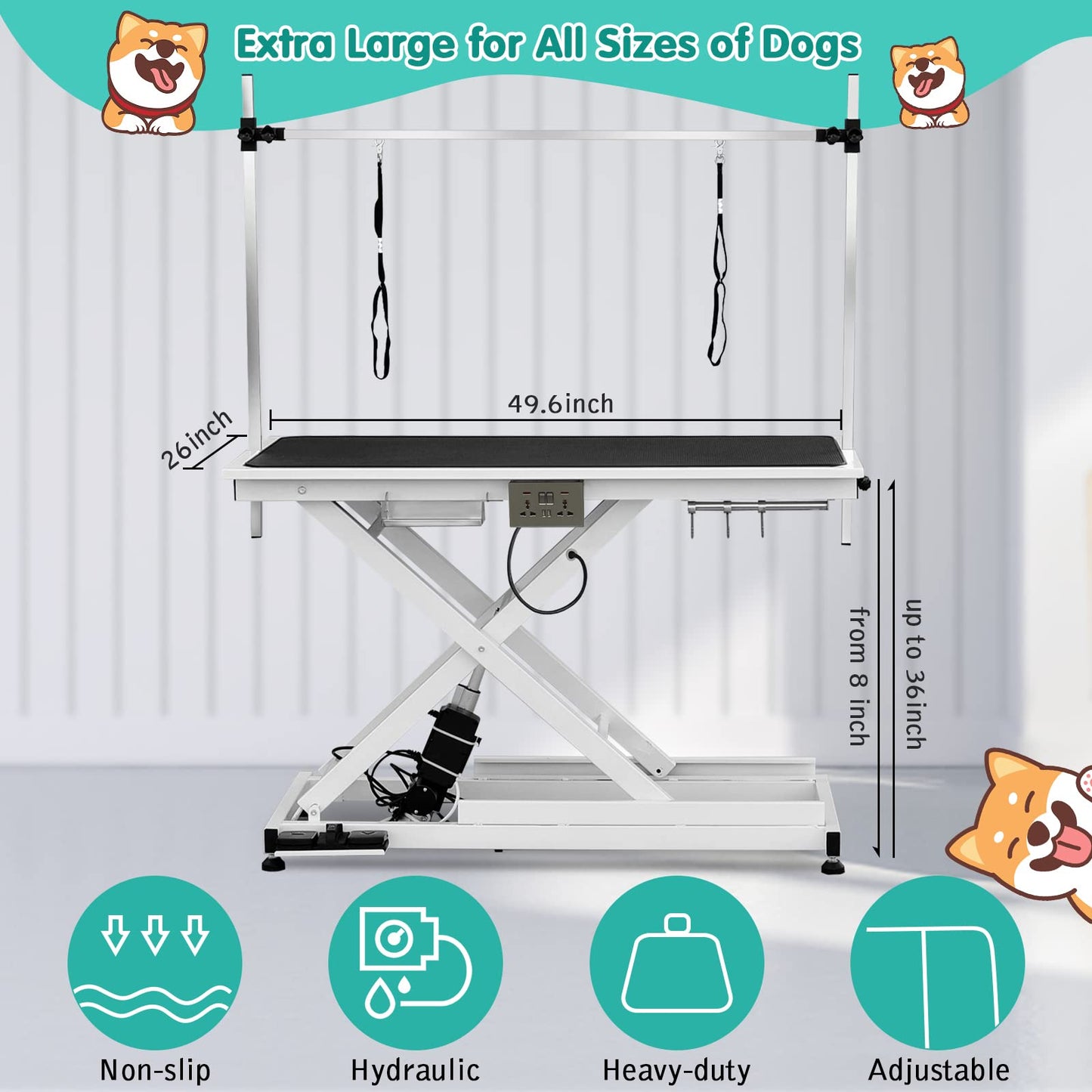 Lyromix Eletric Dog Grooming Table, Height Adjustable Large Pet Drying Desktop, Foldable Bathing Desk with Arms, Noose, Mesh Tray, Maximum Capacity Up to 330Lb, 50in, White