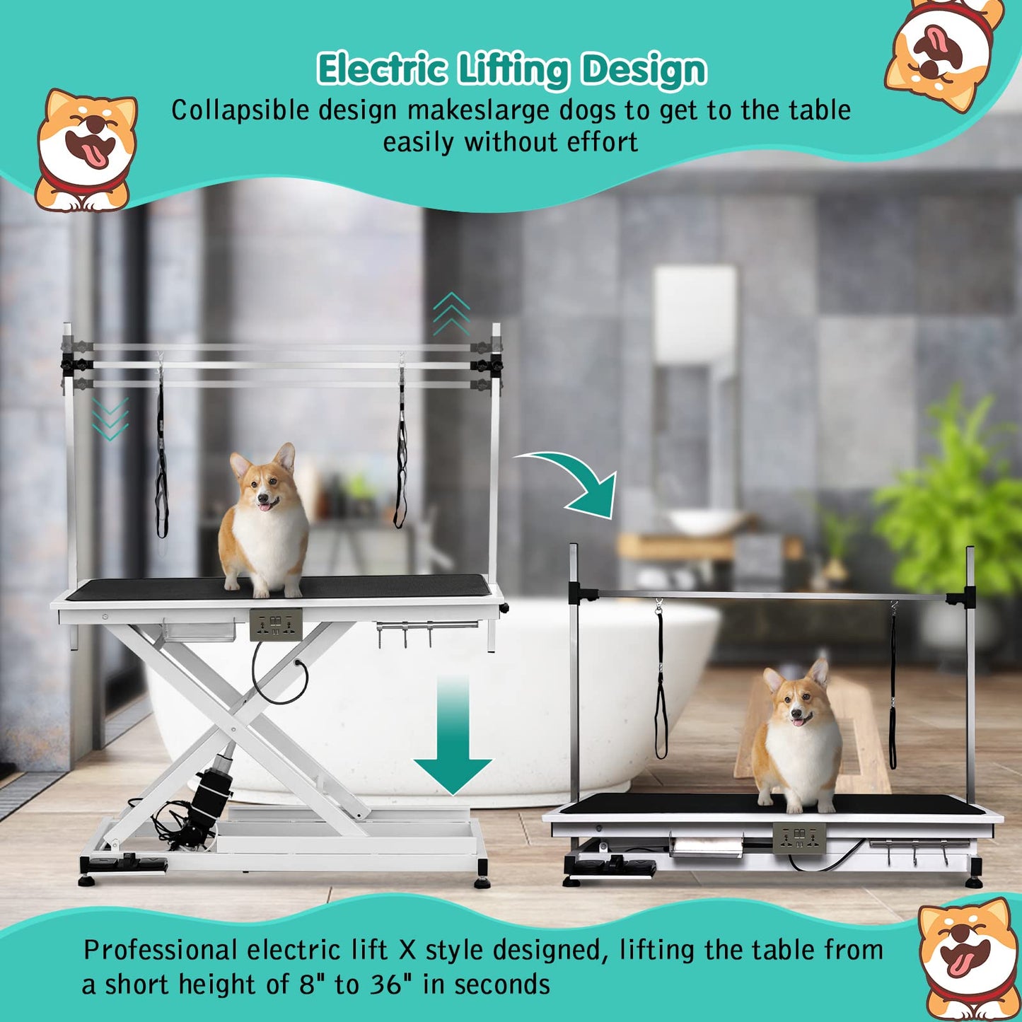 Lyromix Eletric Dog Grooming Table, Height Adjustable Large Pet Drying Desktop, Foldable Bathing Desk with Arms, Noose, Mesh Tray, Maximum Capacity Up to 330Lb, 50in, White