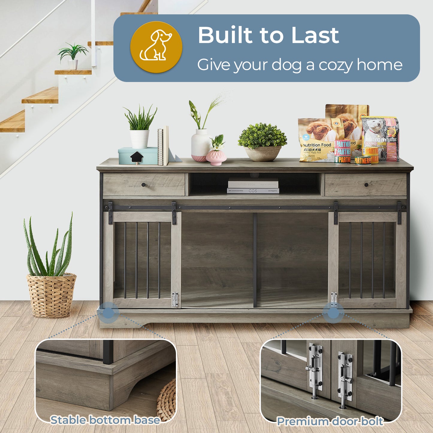 Lyromix Dog Crate Furniture Large Breed TV Stand with Drawer & 2 Sliding Doors, Dog Kennels and Crates for Medium Large Dogs with Divider, Wood Dog Crate End Table, Grey, 62.2''W*22.8''D*32.3''H