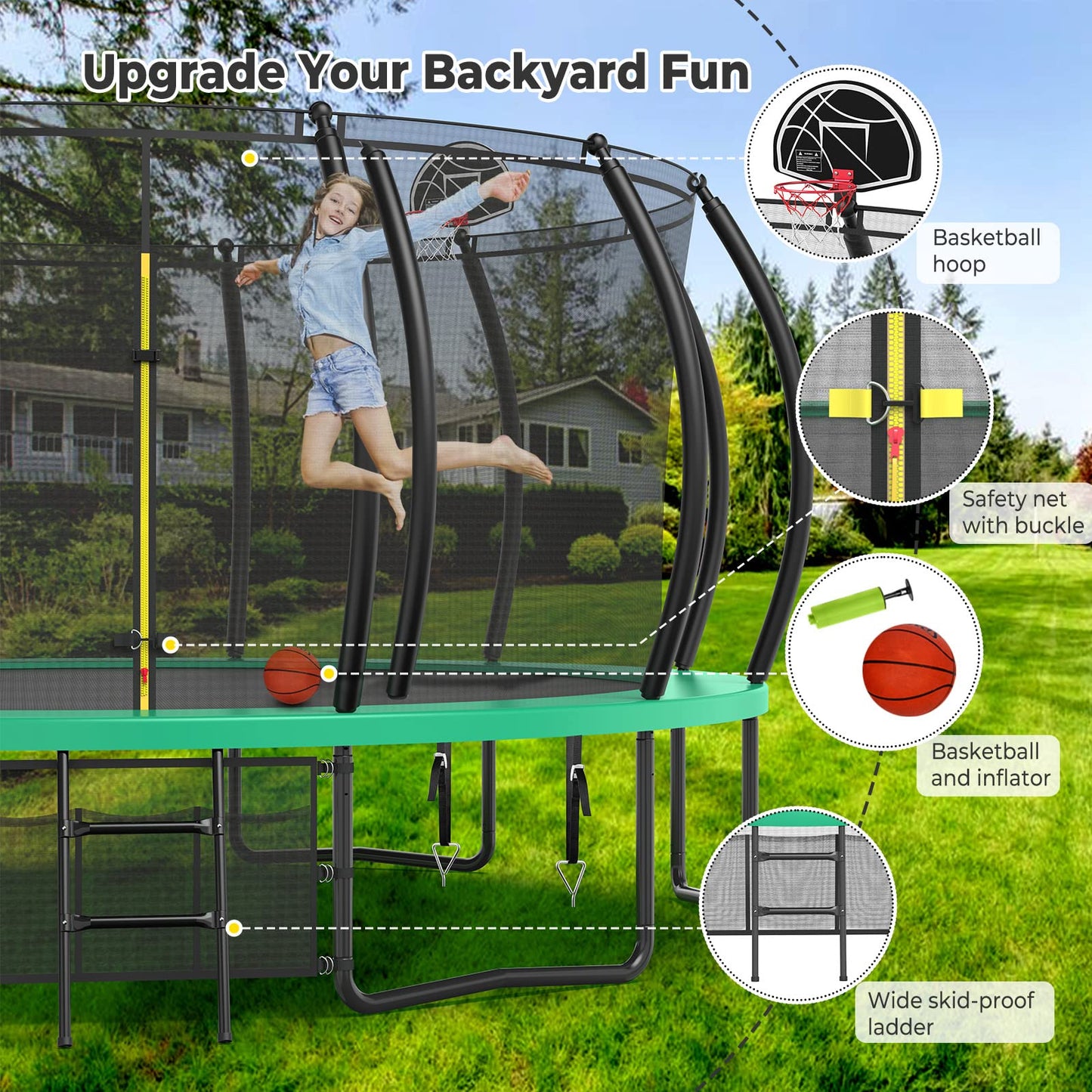 Lyromix 16FT Trampoline for Kids and Adults, Outdoor Trampolines with Curved Poles, Pumpkin Shaped Backyard Trampoline with Sprinkler, Stakes, Light, Basketball, Basketball Hoop and Storage Bag
