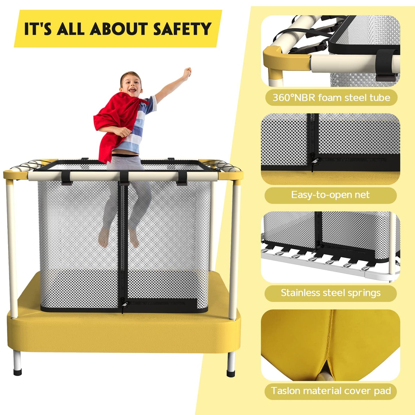 Lyromix 40Inch Kids Trampoline for Toddlers, Indoor Mini Trampoline for Kids, Small Trampoline with Enclosure, Adult Fitness Trampoline for Indoor and Outdoor Use, Yellow