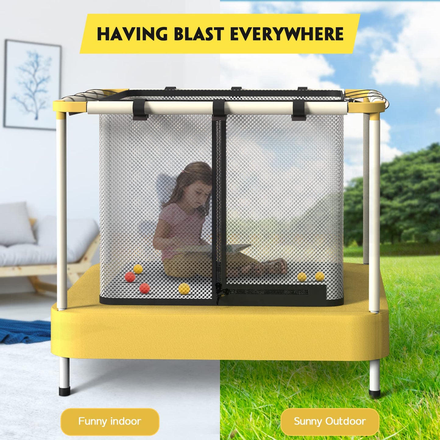 Lyromix 40Inch Kids Trampoline for Toddlers, Indoor Mini Trampoline for Kids, Small Trampoline with Enclosure, Adult Fitness Trampoline for Indoor and Outdoor Use, Yellow