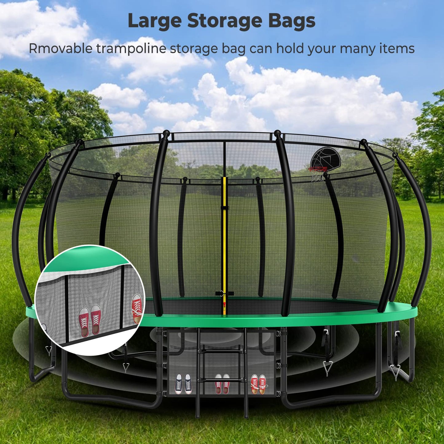 Lyromix 16FT Trampoline for Kids and Adults, Outdoor Trampolines with Curved Poles, Pumpkin Shaped Backyard Trampoline with Sprinkler, Stakes, Light, Basketball, Basketball Hoop and Storage Bag