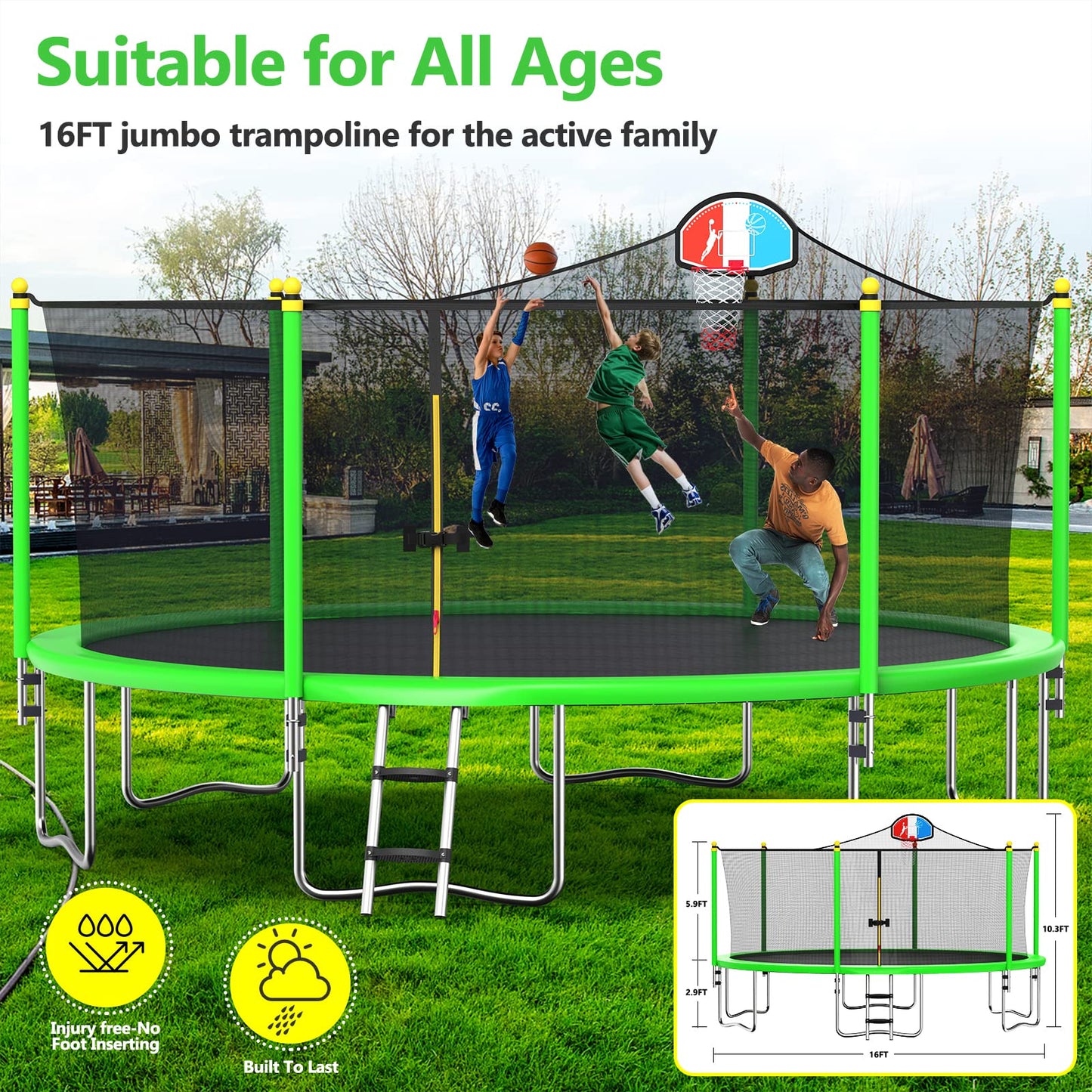 16FT Outdoor Backyard Jumping Trampoline with Basketball Hoop and Ladder