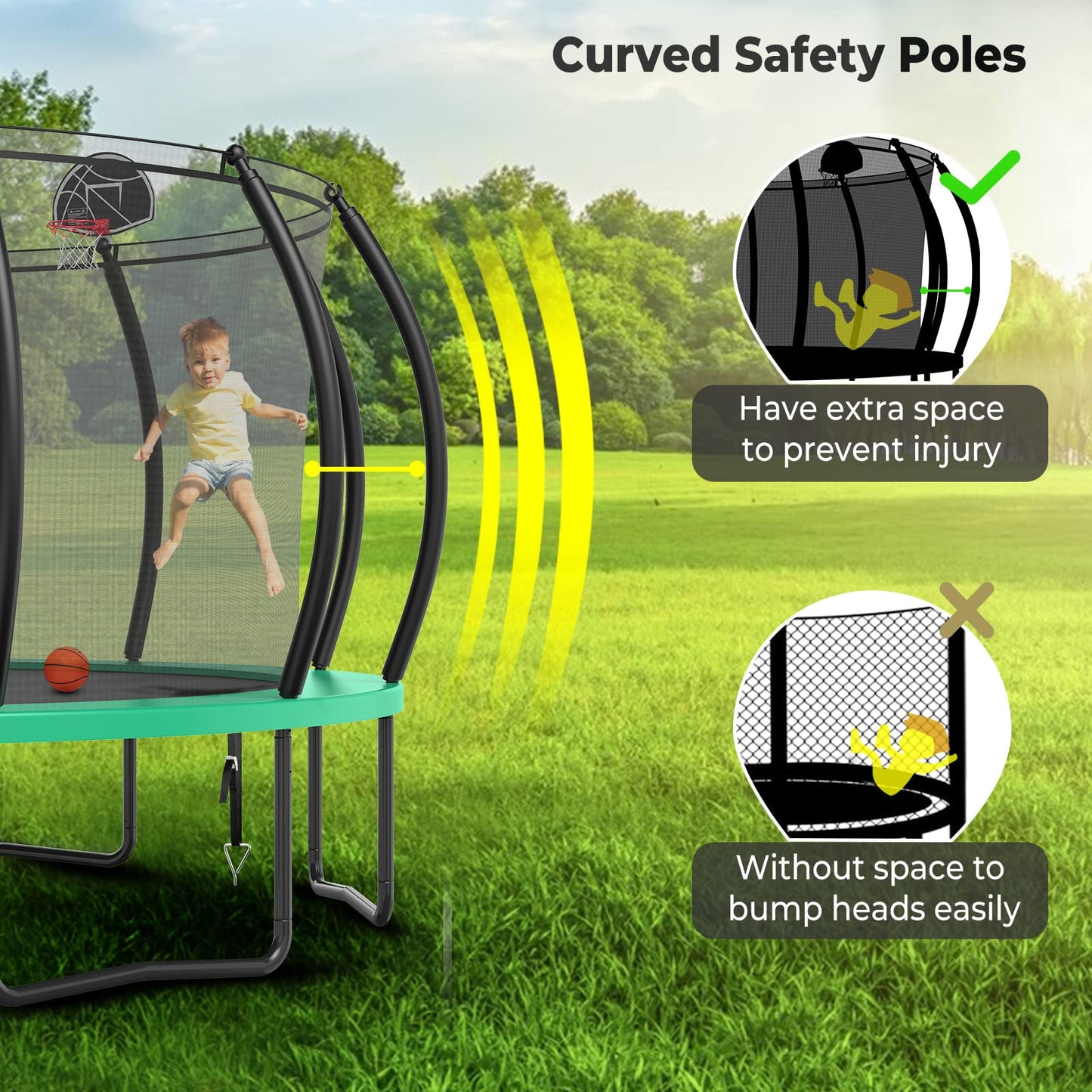 Lyromix 16FT Trampoline for Kids and Adults, Outdoor Trampolines with Curved Poles, Pumpkin Shaped Backyard Trampoline with Sprinkler, Stakes, Light, Basketball, Basketball Hoop and Storage Bag