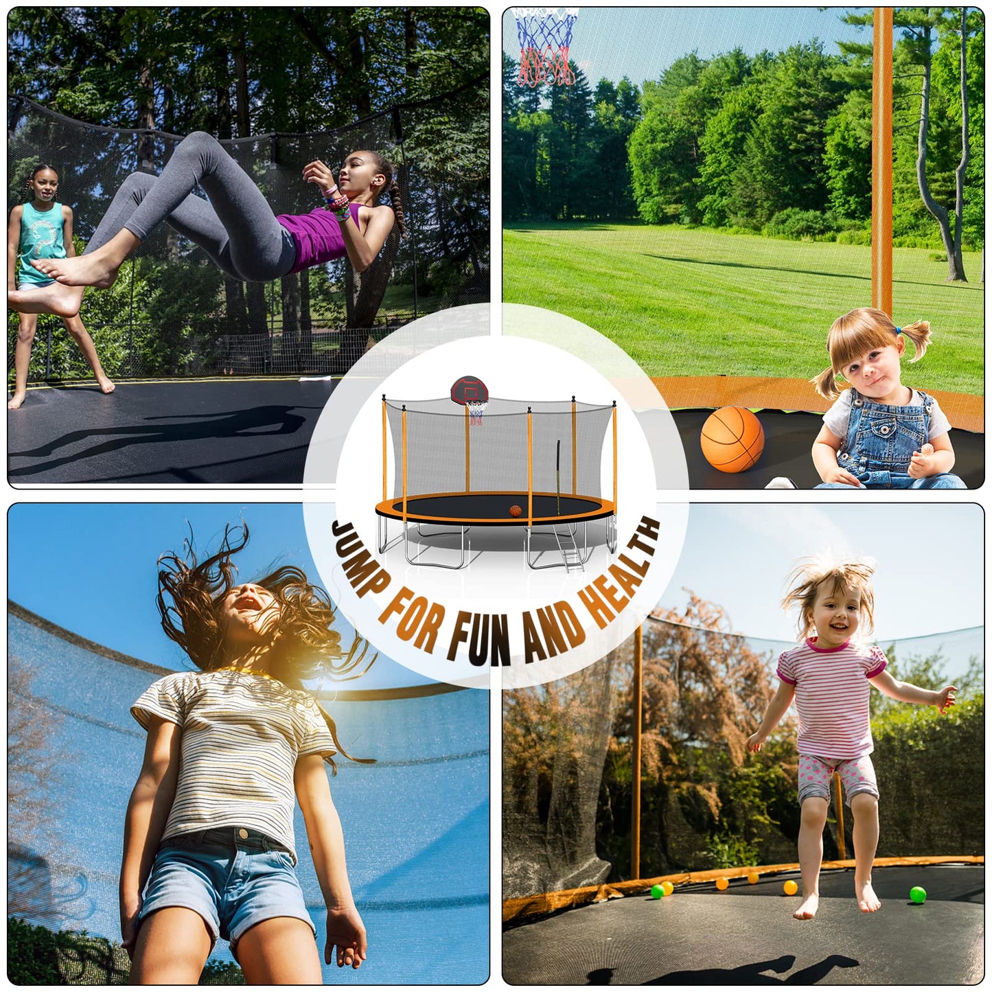 15FT Trampoline with Enclosure Net and Basketball Hoop and Ladder
