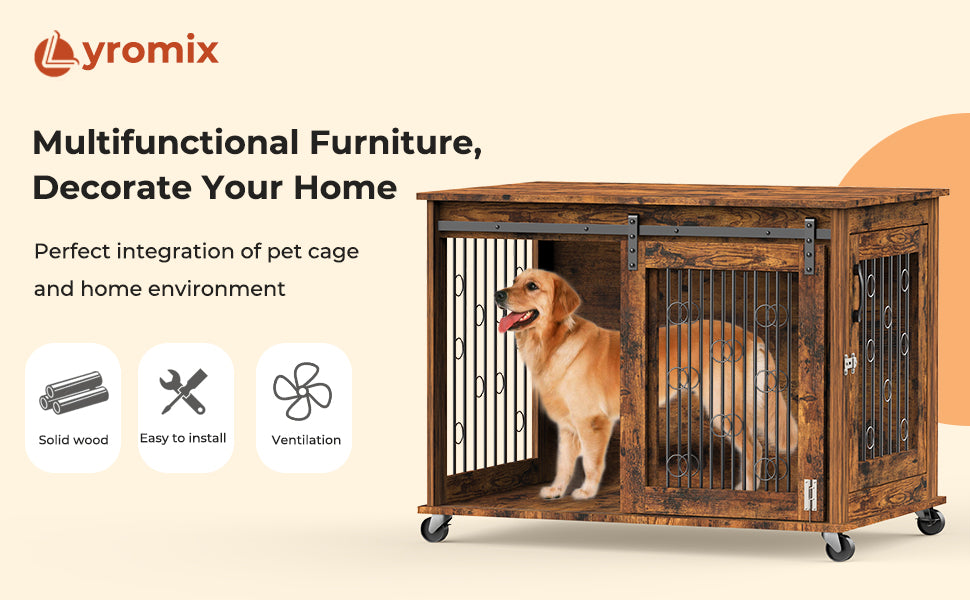 Lyromix Dog Crate Furniture with Divider for 2 Small to Medium Pets, Wooden Cage End Table, Heavy Duty Indoor Puppy Kennel with Removable Divider and Sliding Door, Grey