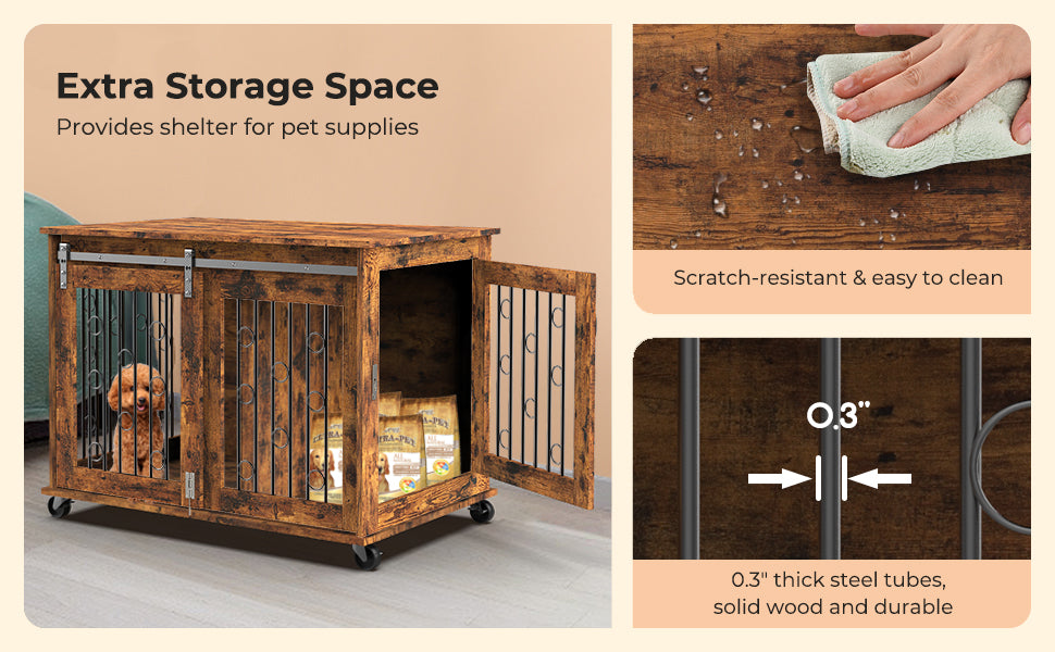 Lyromix Dog Crate Furniture with Divider for 2 Small to Medium Pets, Wooden Cage End Table, Heavy Duty Indoor Puppy Kennel with Removable Divider and Sliding Door, Grey