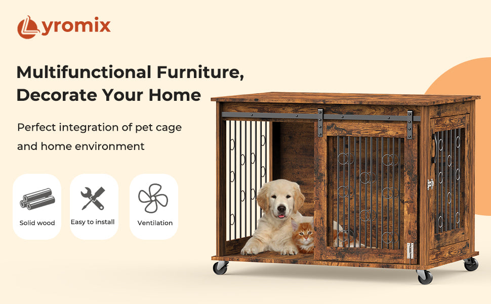 Lyromix Dog Crate Furniture with Divider for 2 Small to Medium Pets, Wooden Cage End Table, Heavy Duty Indoor Puppy Kennel with Removable Divider and Sliding Door, Grey