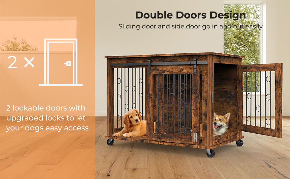 Lyromix Dog Crate Furniture with Divider for 2 Small to Medium Pets, Wooden Cage End Table, Heavy Duty Indoor Puppy Kennel with Removable Divider and Sliding Door, Grey