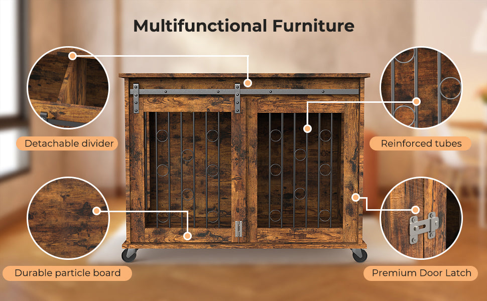 Lyromix Dog Crate Furniture with Divider for 2 Small to Medium Pets, Wooden Cage End Table, Heavy Duty Indoor Puppy Kennel with Removable Divider and Sliding Door, Grey
