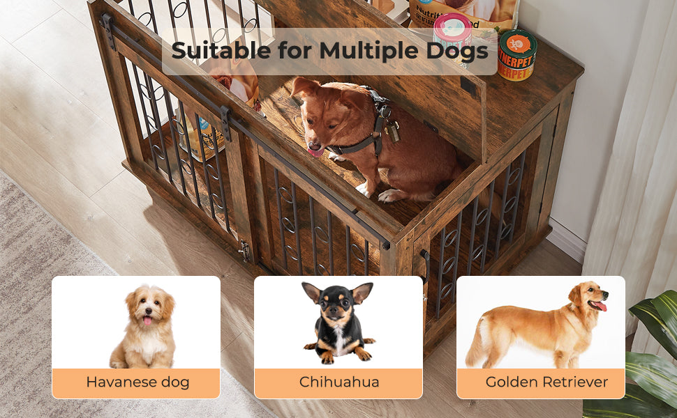 Lyromix Dog Crate Furniture with Divider for 2 Small to Medium Pets, Wooden Cage End Table, Heavy Duty Indoor Puppy Kennel with Removable Divider and Sliding Door, Grey