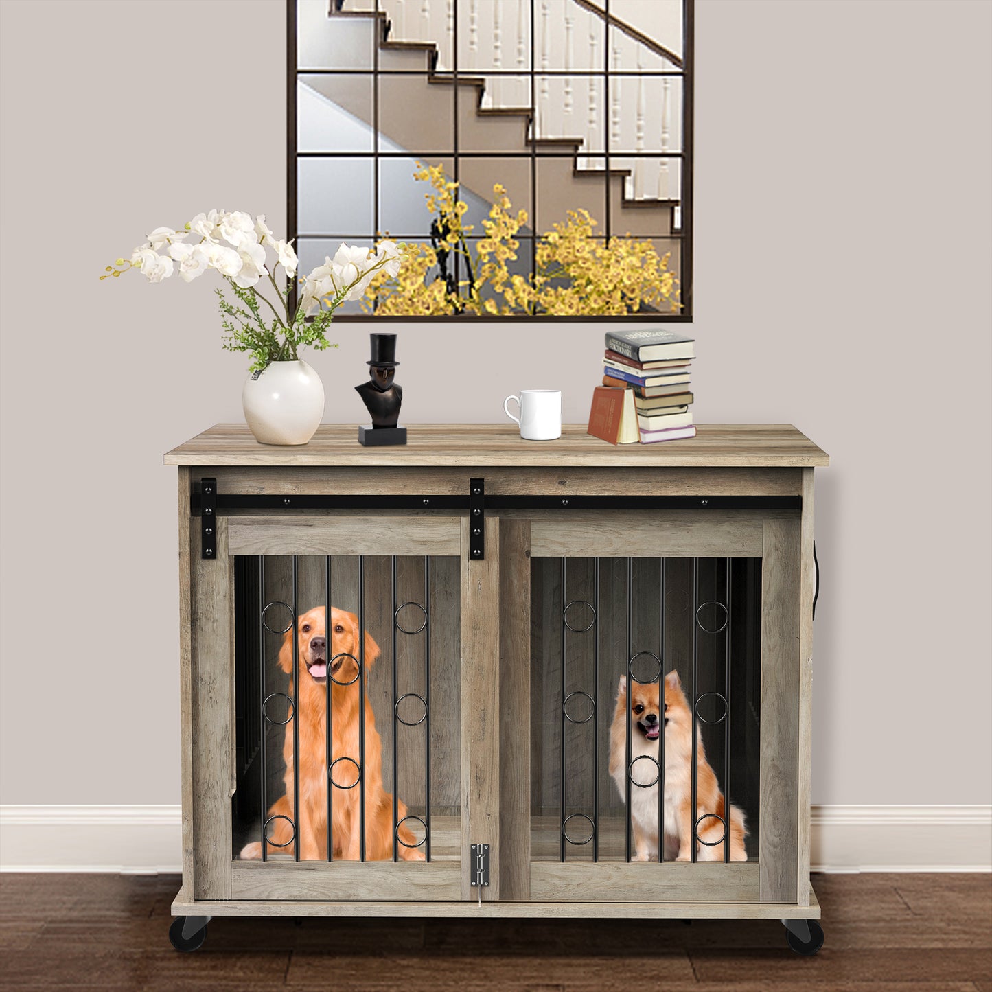 Lyromix Dog Crate Furniture with Divider for 2 Small to Medium Pets, Wooden Cage End Table, Heavy Duty Indoor Puppy Kennel with Removable Divider and Sliding Door, Grey