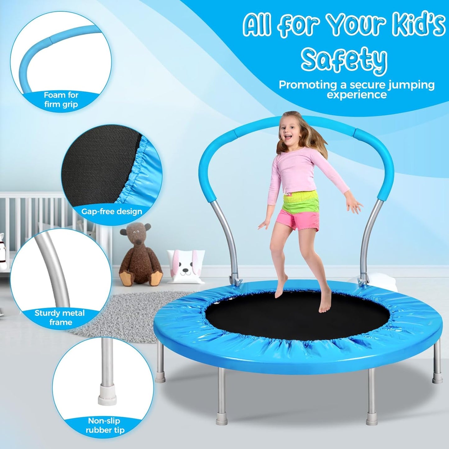 Lyromix Mini Trampoline for Kids, Indoor Toddler Trampoline with Handle, Child Small Rebounder Trampoline for Indoor and Outdoor Use