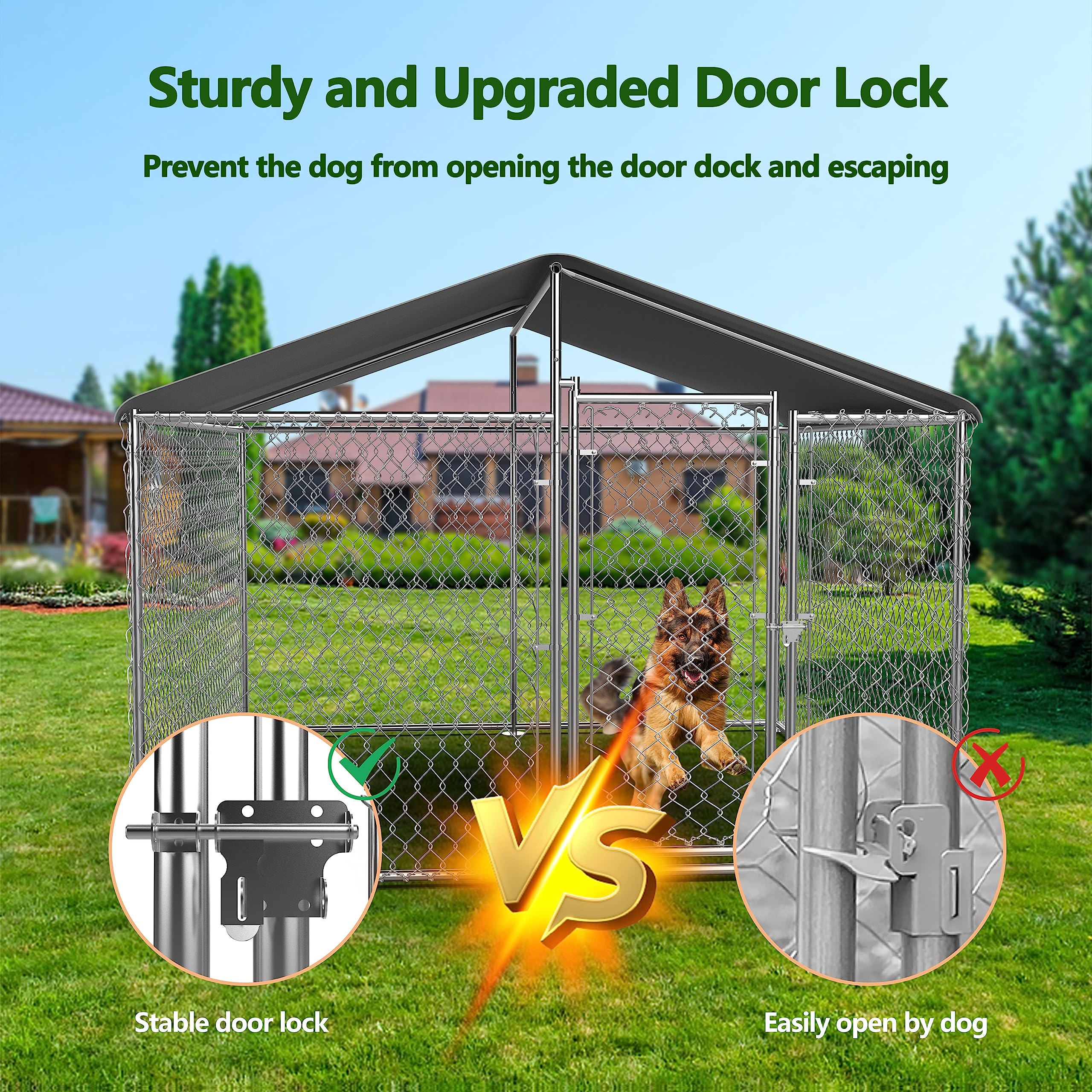 Chain link dog run with outlet roof