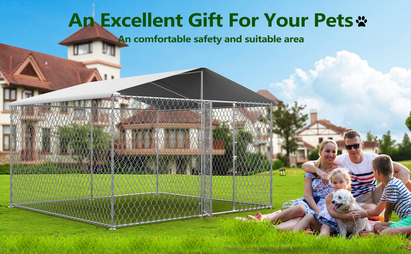 Large Dog Kennel Outdoor, Heavy Duty Outdoor Dog Kennel Chain Link Dog Cage Dog Playpen Dogs Run with Lock UV & Waterproof Roof for Backyard (7.5 * 7.5 * 5.6FT)