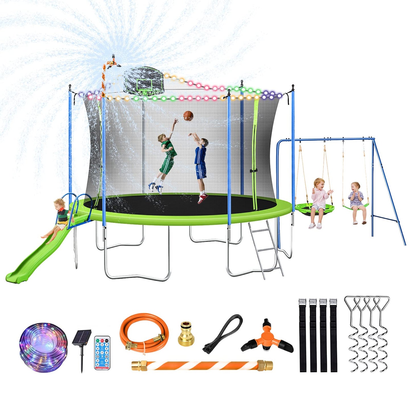 Lyromix 12 14FT Trampoline with Slide and Swings, ASTM Approved Large Recreational Trampoline with Basketball Hoop and Ladder,Outdoor Backyard Trampoline with Net, Capacity for 5-7 Kids and Adults