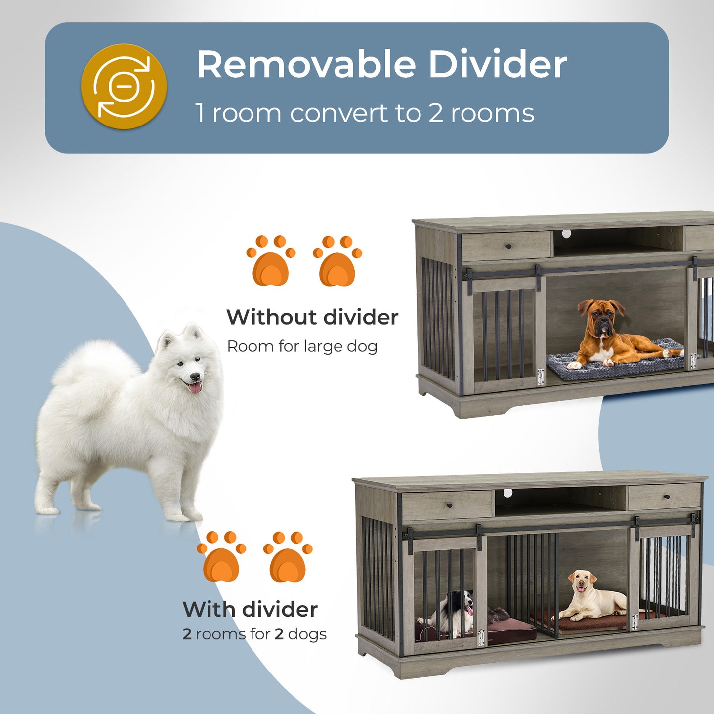 Lyromix Dog Crate Furniture Large Breed TV Stand with Drawer & 2 Sliding Doors, Dog Kennels and Crates for Medium Large Dogs with Divider, Wood Dog Crate End Table, Grey, 62.2''W*22.8''D*32.3''H