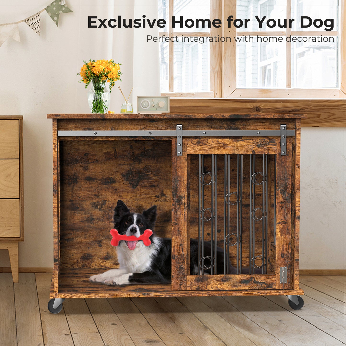Lyromix Dog Crate Furniture with Divider for 2 Small to Medium Pets, Wooden Cage End Table, Heavy Duty Indoor Puppy Kennel with Removable Divider and Sliding Door, Grey