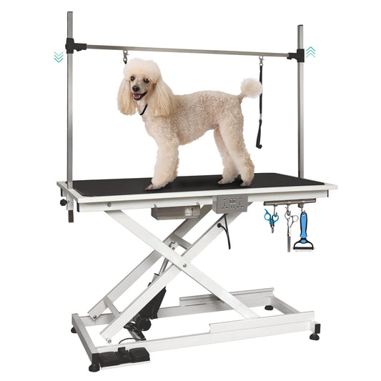 Lyromix Eletric Dog Grooming Table, Height Adjustable Large Pet Drying Desktop, Foldable Bathing Desk with Arms, Noose, Mesh Tray, Maximum Capacity Up to 330Lb, 50in, White