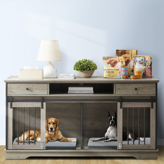 Lyromix Dog Crate Furniture Large Breed TV Stand with Drawer & 2 Sliding Doors, Dog Kennels and Crates for Medium Large Dogs with Divider, Wood Dog Crate End Table, Grey, 62.2''W*22.8''D*32.3''H