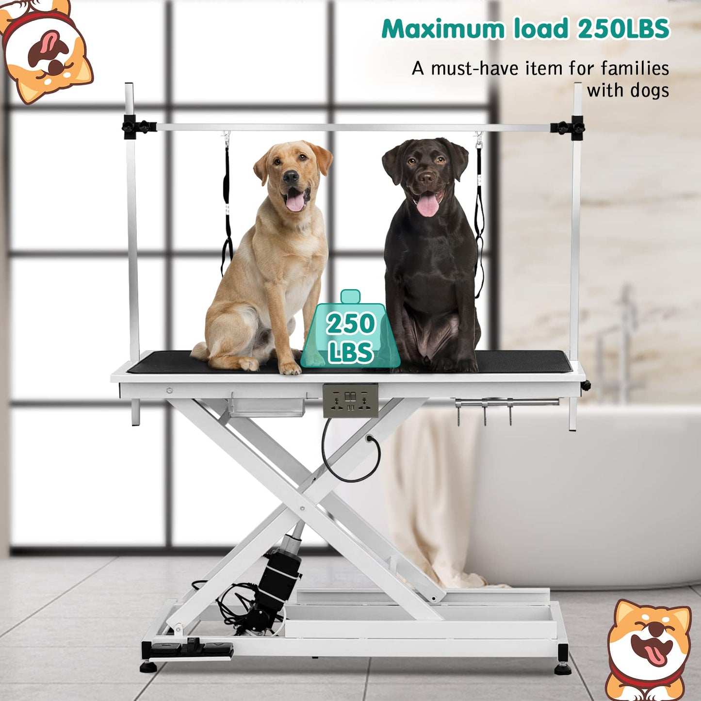 Lyromix Eletric Dog Grooming Table, Height Adjustable Large Pet Drying Desktop, Foldable Bathing Desk with Arms, Noose, Mesh Tray, Maximum Capacity Up to 330Lb, 50in, White