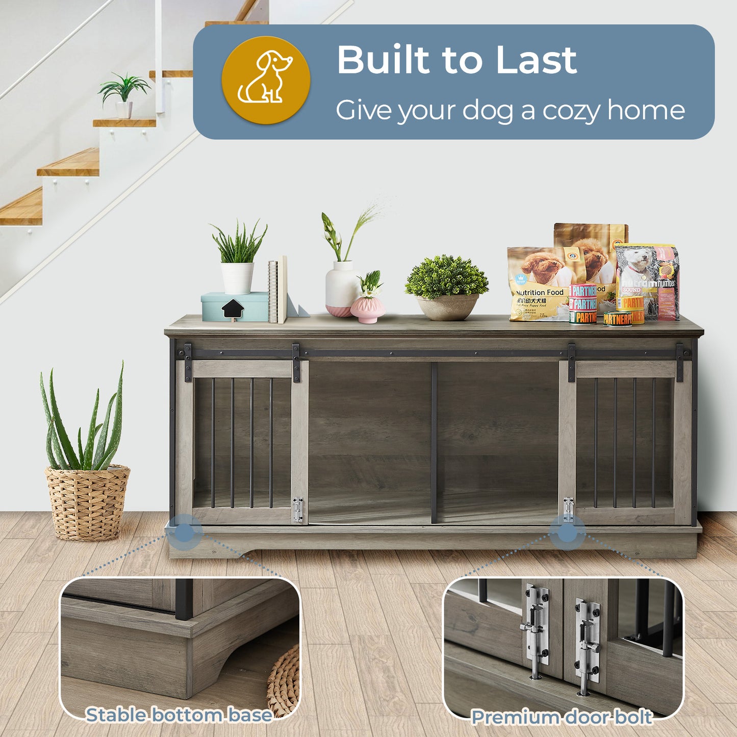 Lyromix Dog Crate Furniture Large Breed TV Stand with 2 Sliding Doors, Dog Kennels and Crates for Medium Large Dogs with Divider, Wood Dog Crate End Table, Grey, 62.2''W*22.8''D*27''H