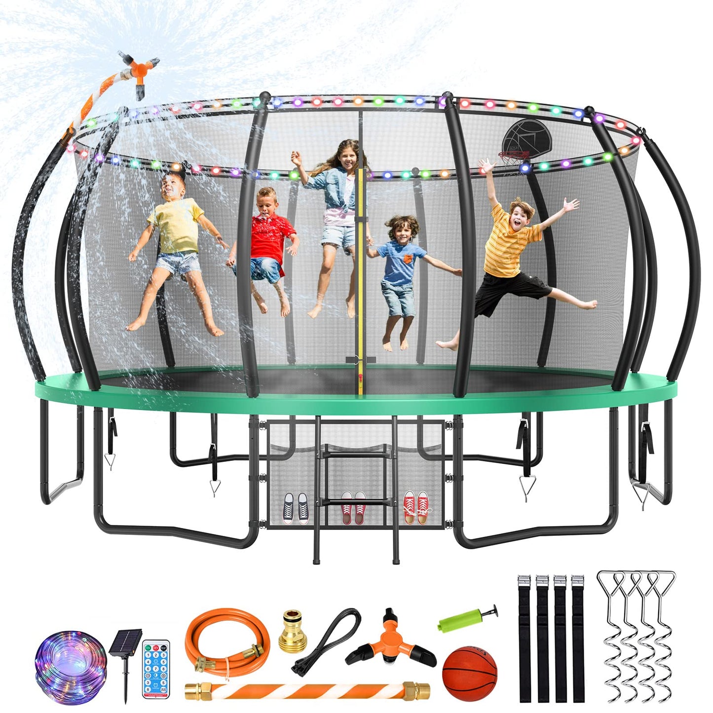 Lyromix 16FT Trampoline for Kids and Adults, Outdoor Trampolines with Curved Poles, Pumpkin Shaped Backyard Trampoline with Sprinkler, Stakes, Light, Basketball, Basketball Hoop and Storage Bag