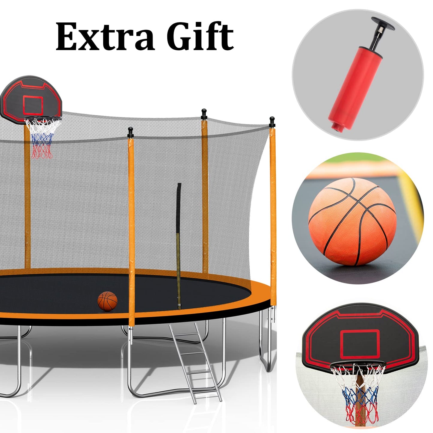 15FT Trampoline with Enclosure Net and Basketball Hoop and Ladder