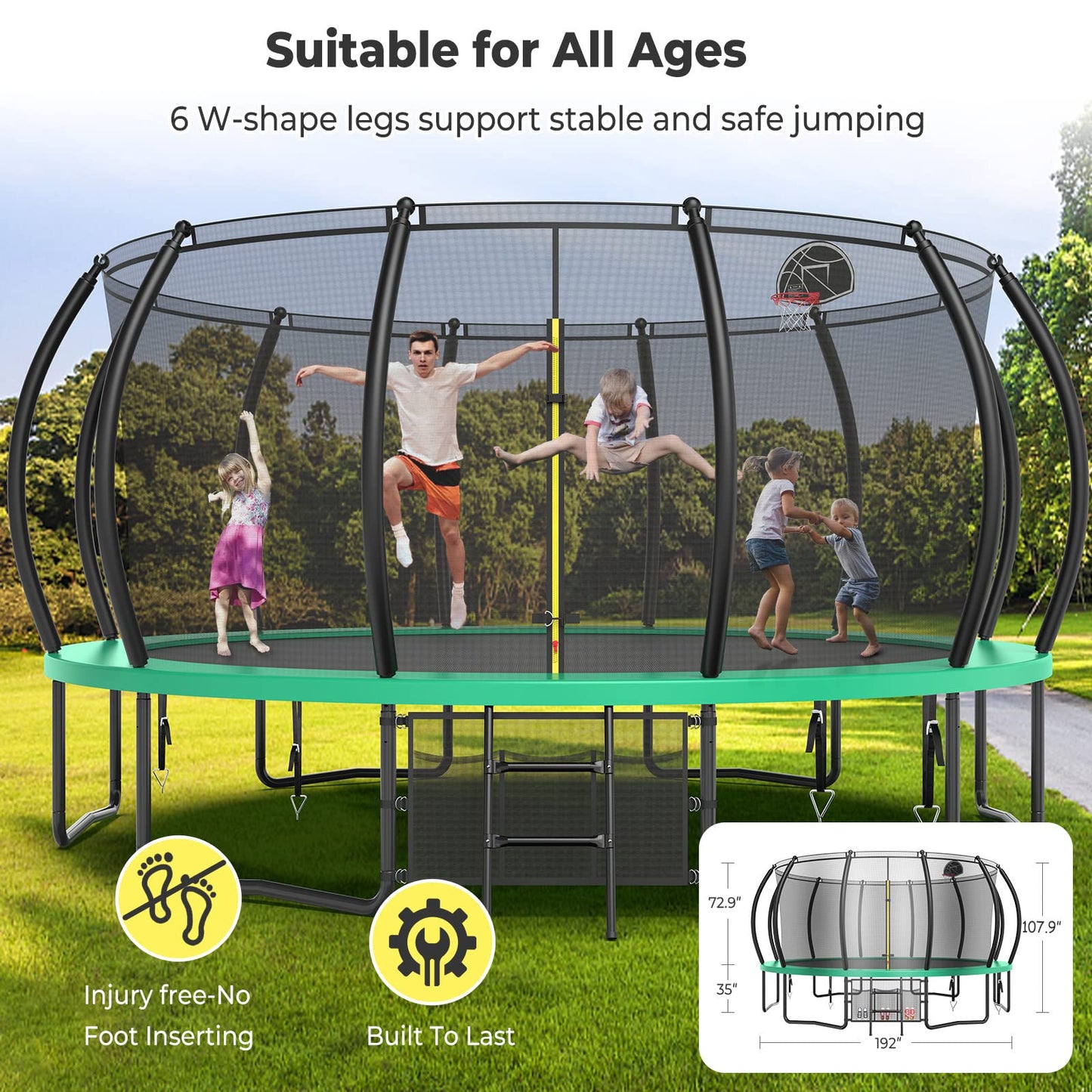 Lyromix 16FT Trampoline for Kids and Adults, Outdoor Trampolines with Curved Poles, Pumpkin Shaped Backyard Trampoline with Sprinkler, Stakes, Light, Basketball, Basketball Hoop and Storage Bag
