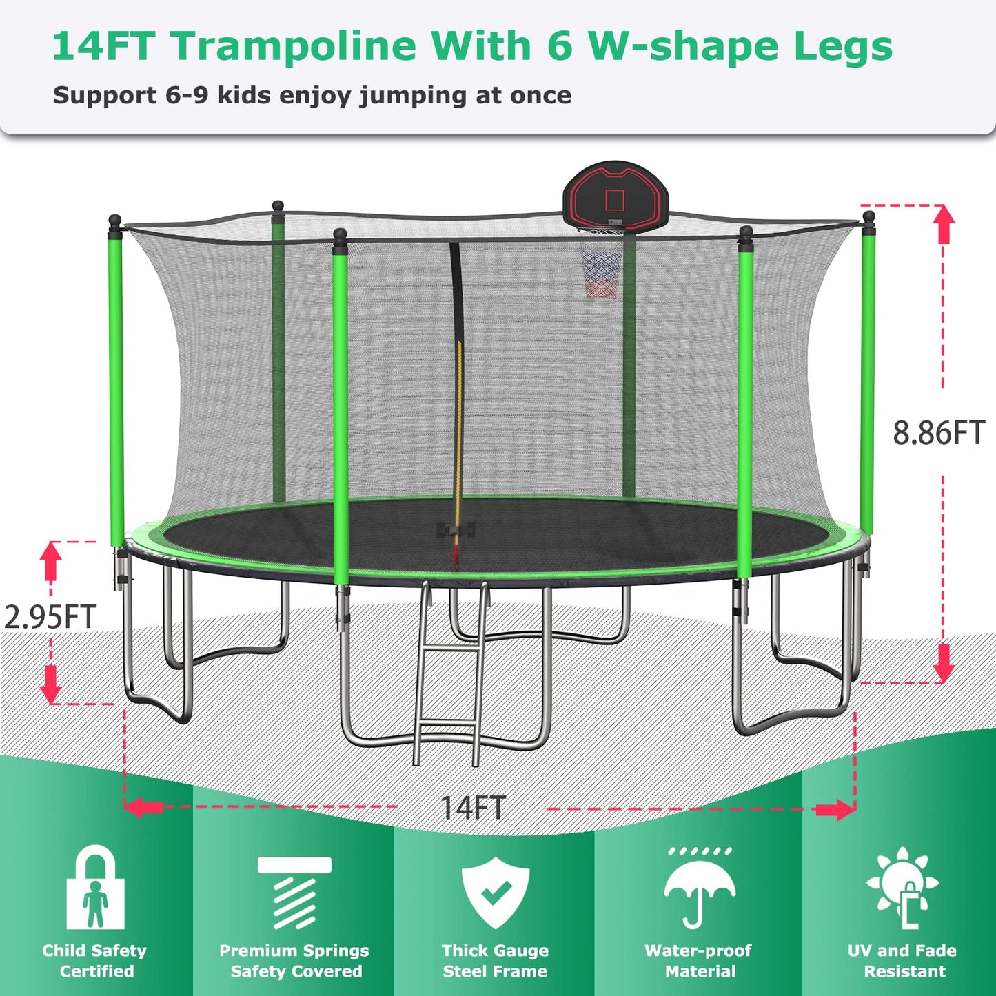 14FT Trampoline with Enclosure Net for 6-9 Kids and Adults